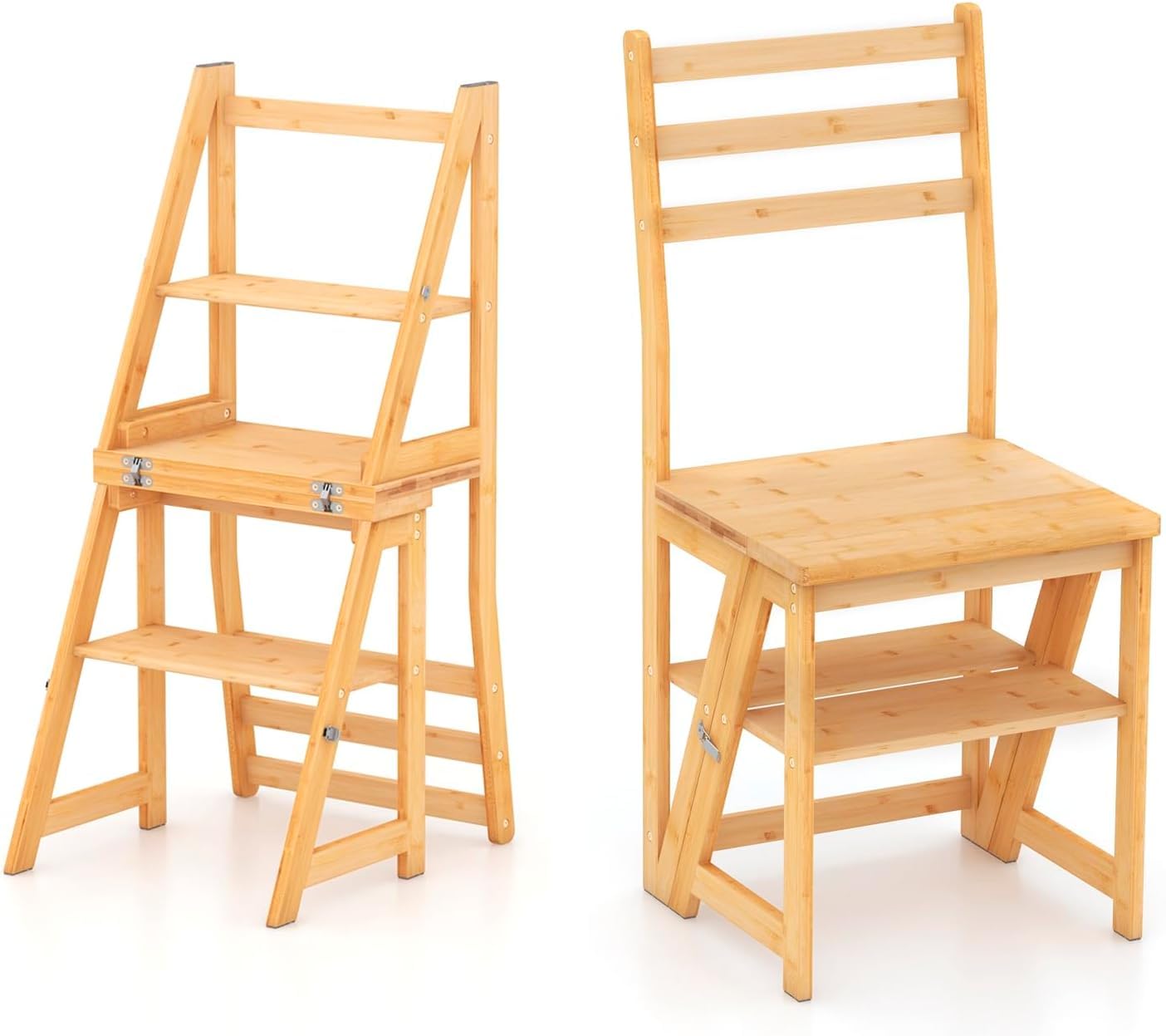 GIANTEX Silla Escalera de Bambú 3 en 1, 3 Peldaños, 40 x 41,5 x 89 cm, Carga hasta150 kg, Silla Plegable Multifuncional, Taburete Escalera para Cambiador, Cocina, Almacén