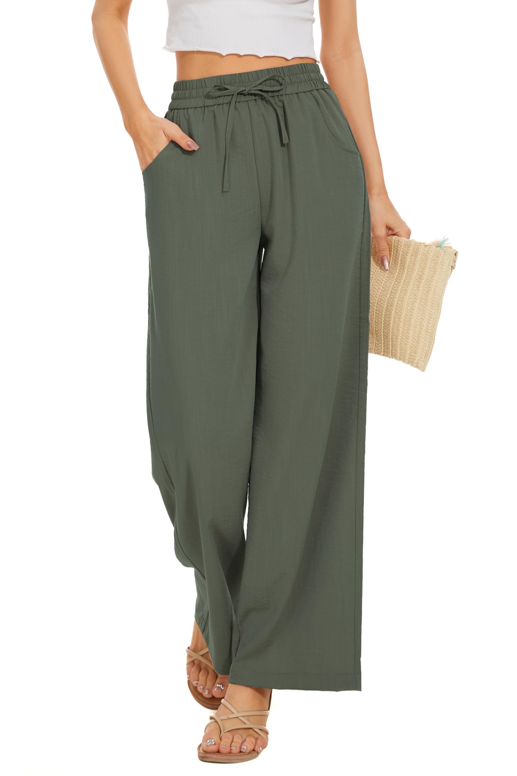 Women Flowy Pants Drawstring Waist Wide Leg Palazzo Beach Pants Loose Fit with Pockets, Grayish Green, Large Short-image-14