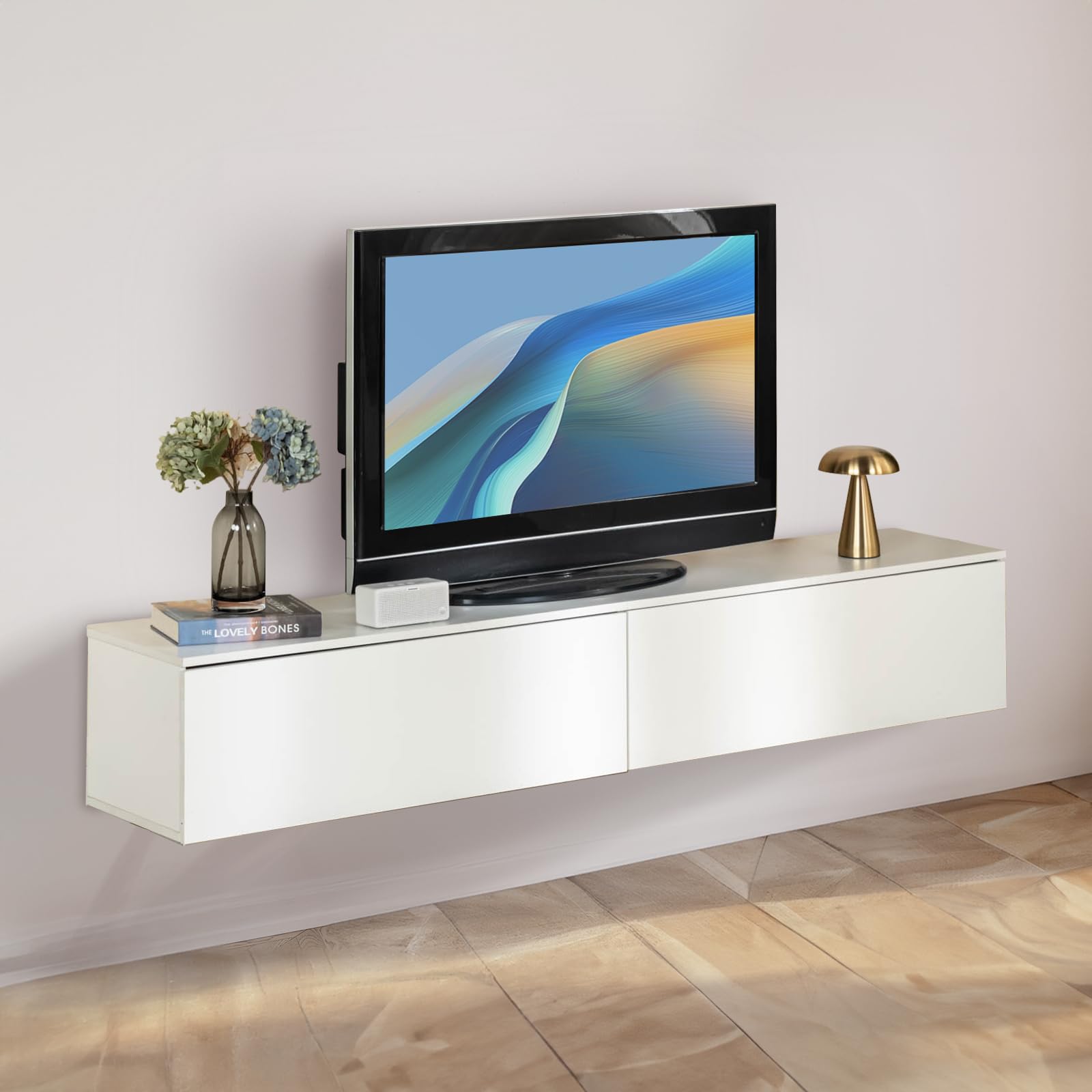 Mobile TV Lowboard 180cm, 2 Scomparti di Stoccaggio, per Televisori fino a 80 Pollici, Bianco per Soggiorno/Camera, Stile Moderno, Bianco 180x33x30cm