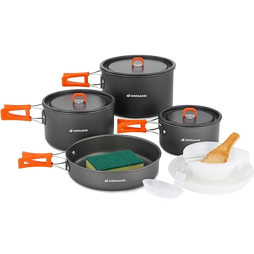 Odoland 15pcs Camping Cookware Non-Stick Lightweight Camping Pots and Pans Set with Plastic Plates Bowls Soup Spoon for Camping, Backpacking, Outdoor Cooking and Picnic