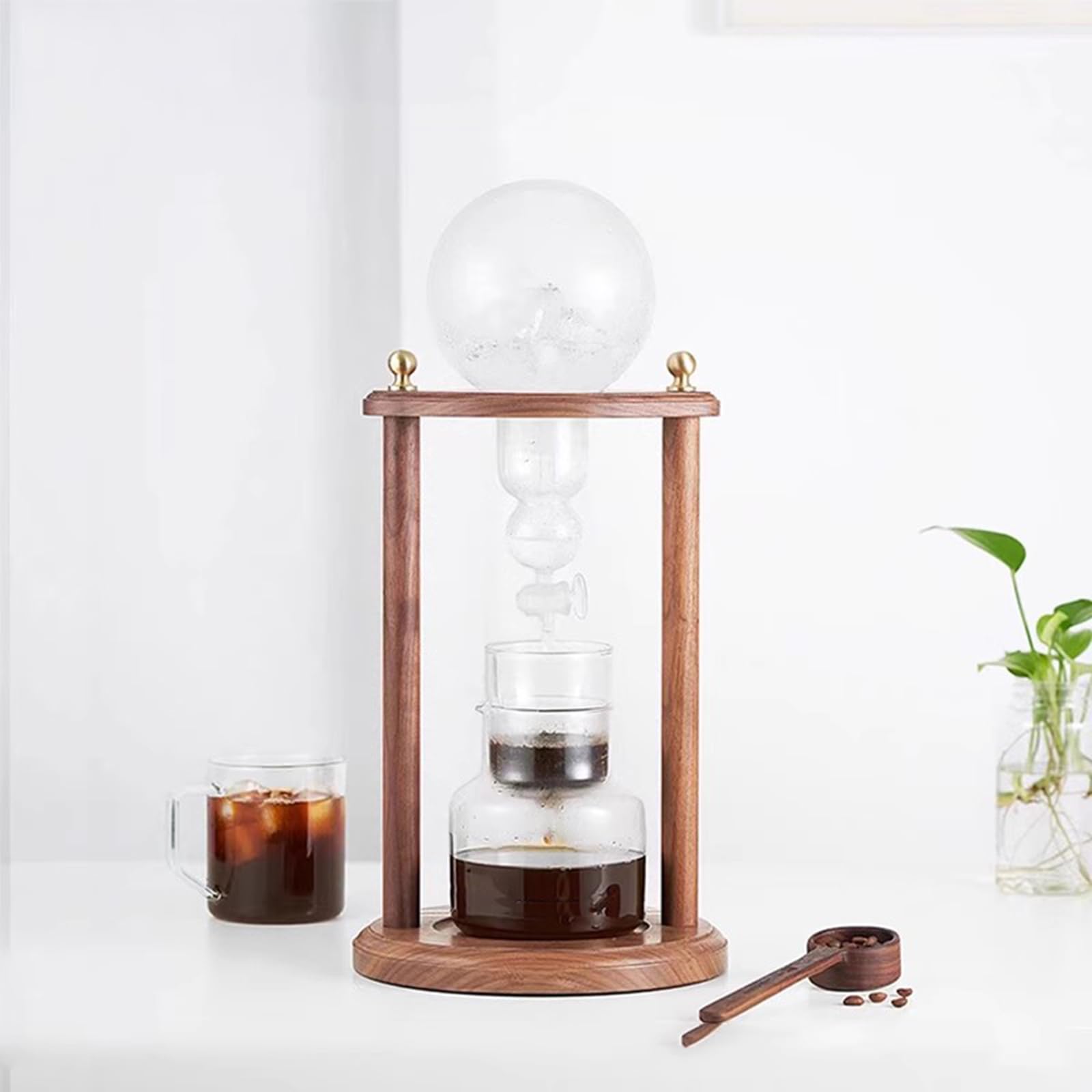 Ekspres do kawy Cold Brew, wieża do kawy z regulacją prędkości kapania, drewniana rama, 600 ml, dzbanek ze szkła borokrzemowego, idealny do domu lub biura, na 2-4 filiżanki