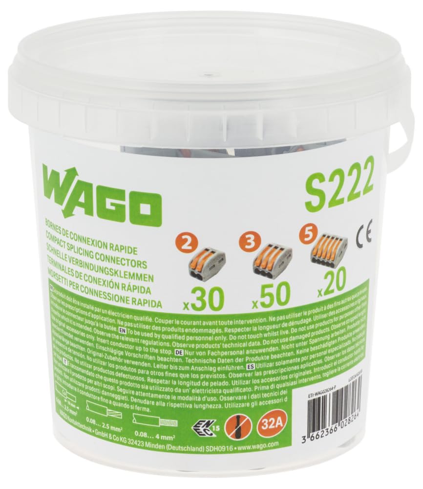 WAGO - WAGO Plastikeimer 100 Verbindungsdosenklemmen - Sortiment 100 Stück Hebelklemmen Typ 222 2-Leiter-Klemmen, 3-Leiter-Klemmen und 5-Leiter-Klemmen
