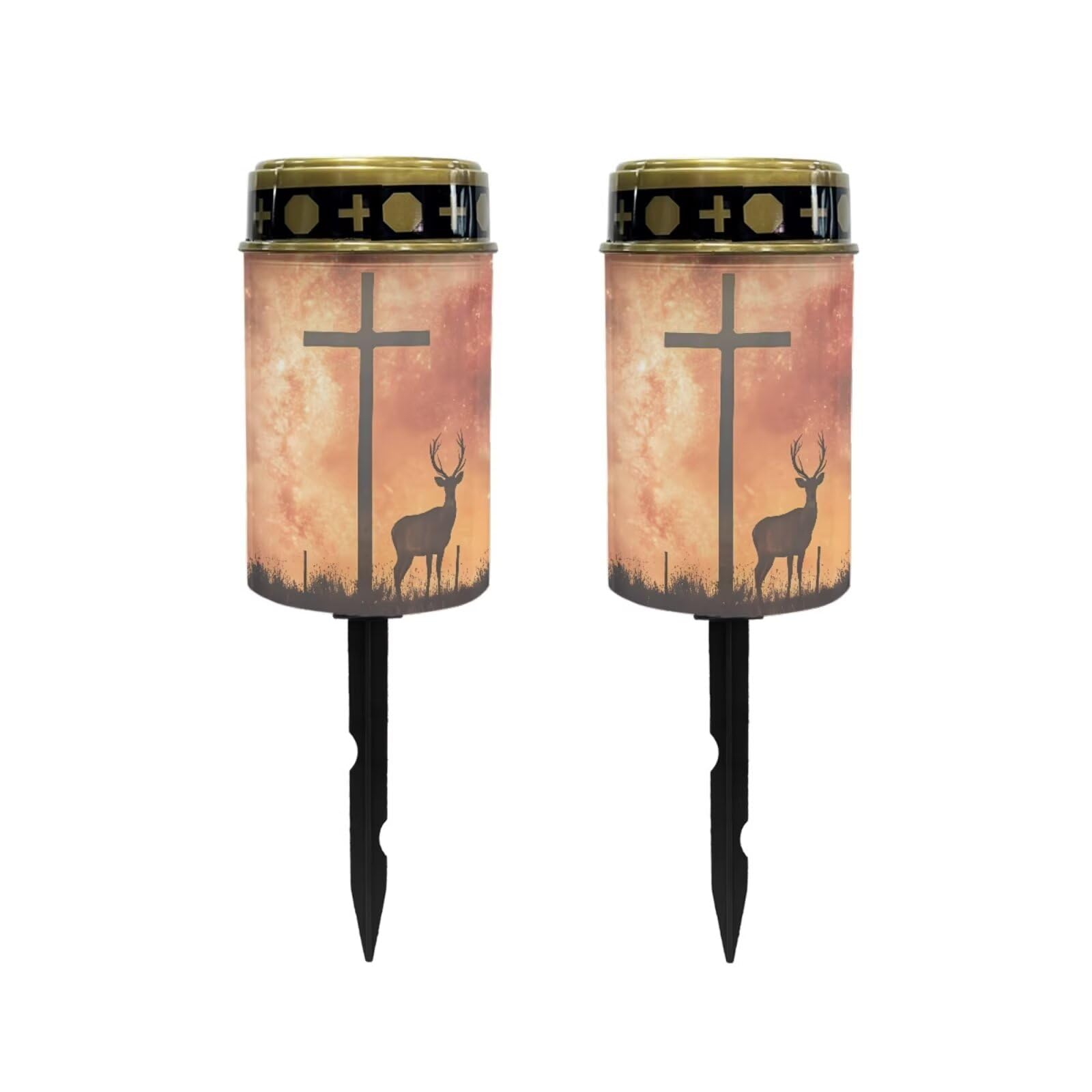 Poceacles 2 Pieces Cross Outdoor Lights Solar Powered Flameless Candle Cemetery Votive Candles Waterproof Outdoor Memorial Candle Solar Stake Lights Home Outdoor Decoration, Deer Cross Galaxy Orange