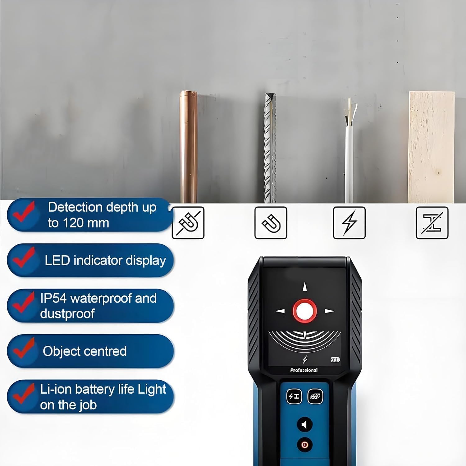 Stud Finder skaner ścienny, wielofunkcyjny detektor ścienny, maksymalna głębokość wykrywania 120 mm, precyzyjne pozycjonowanie, do wykrywania kabli AC, drewna, stojaków metalowych, belek i