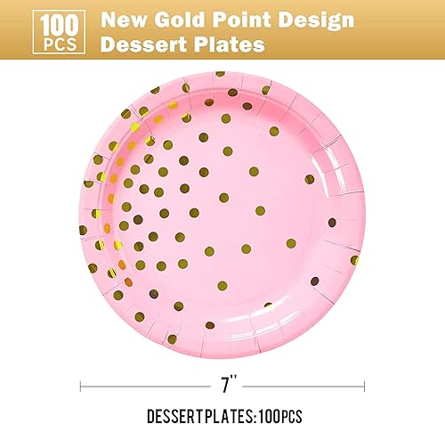 Miniatura 2 de CENLBJ Pink Gold Paper Plates 100PCS,Pink and Gold Dots Dessert Plates,Disposable Round Party Supplies Perfect for Baby