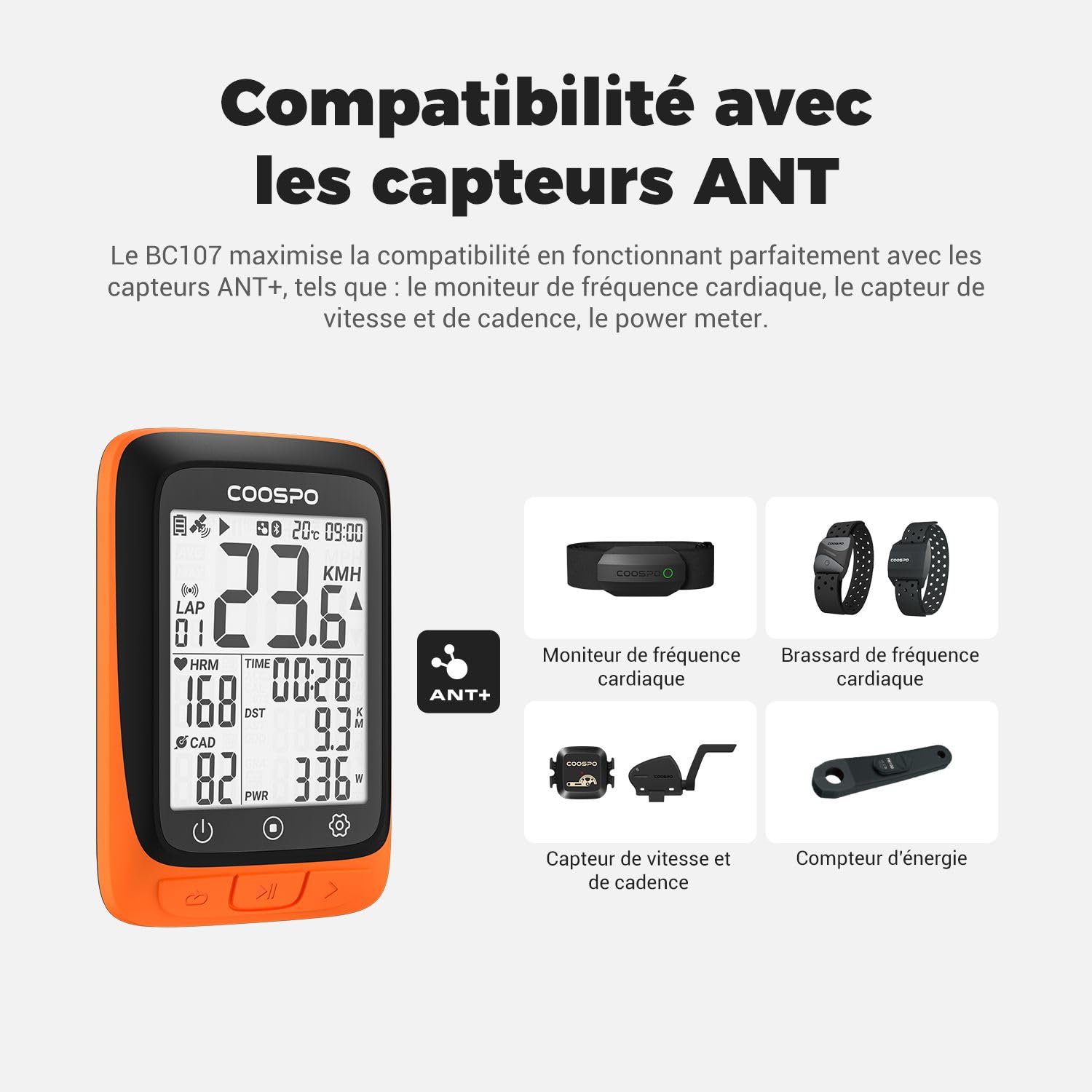 COOSPO BC107 Compteur Velo sans Fil Bluetooth 5.0 Ant+ Compteur Vitesse Velo Odomètre, Écran LCD rétroéclairé de 2.4 Pouces Compatible avec Capteurs Ant, Velo Route et VTT