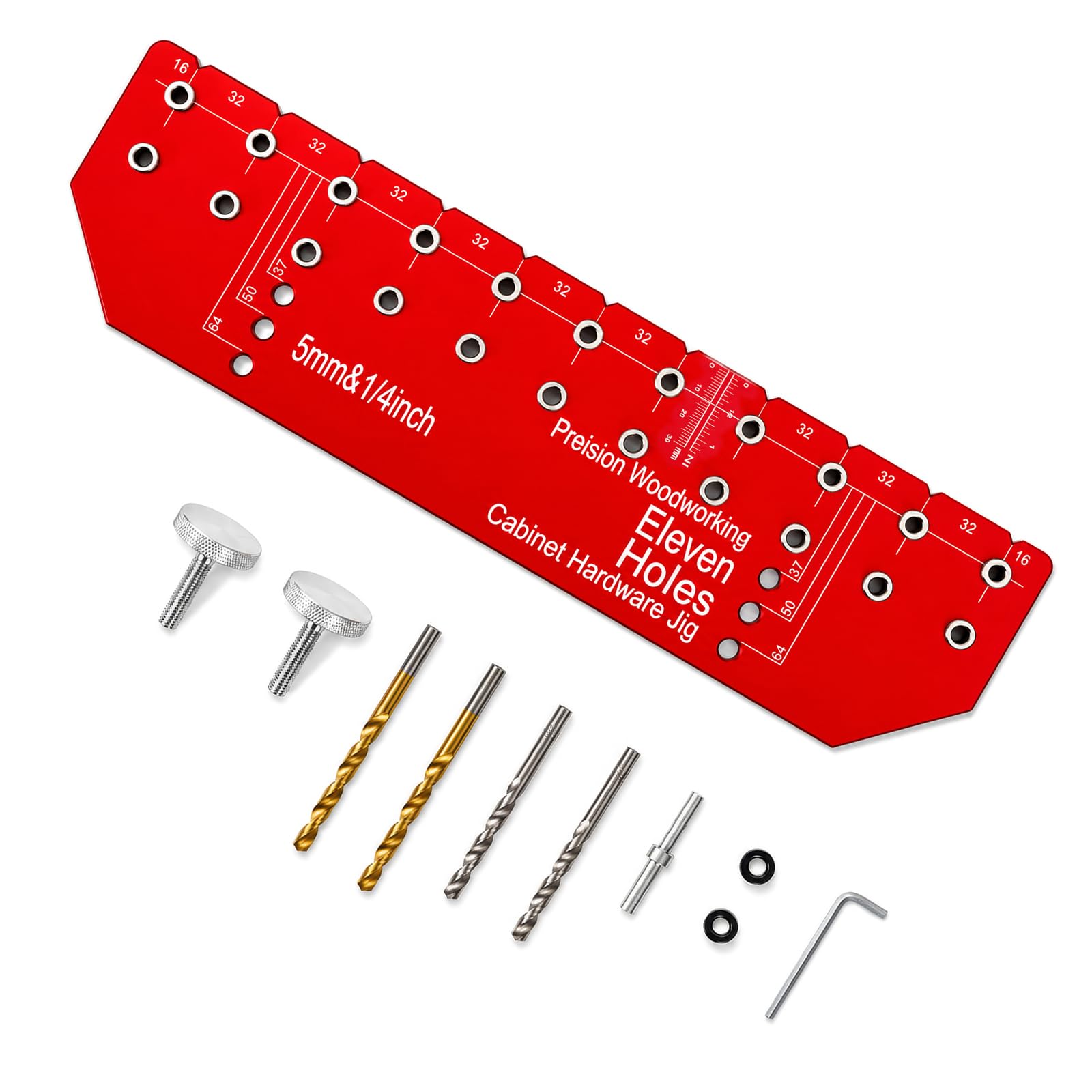 Shelf Pin Jig Kit, 11-Hole, Aluminum Alloy Drilling Template with Drill Bits, Positioning Pins, Stop Collar and Storage Bag, 34.9 x 8.9 cm, for Cabinets and Furniture