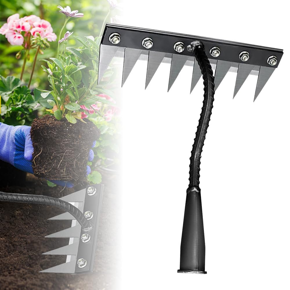 Weeding Rake - 5 Teeth Carbon Steel Manual Tools Heavy Duty Iron Garden Rake 2.0 with Metal Tines -Sharp Durable Gardening Weeding Tools