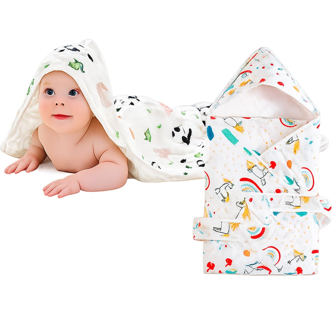 MOM CARE Muslin Hood Towel Cum Baby Wrapper with Belt,Cotton,Organic,Super Soft,White, Pack of 1 Random Print-image-47