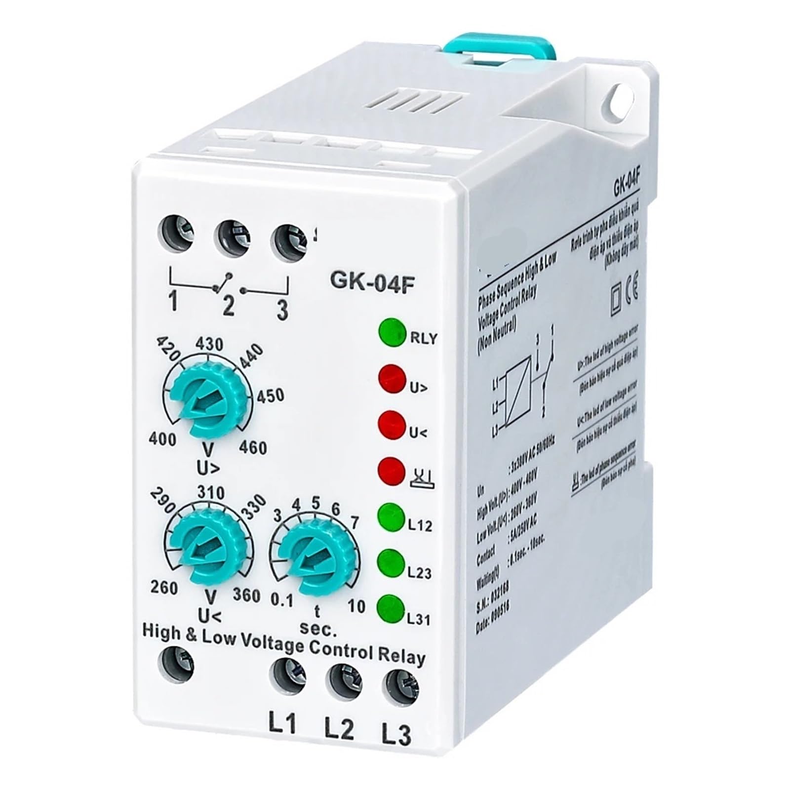 Relé analógico ajustable de voltaje de falla de fase de secuencia de fase GK-04F (3 x 380 V sin neutro), 1 unidad