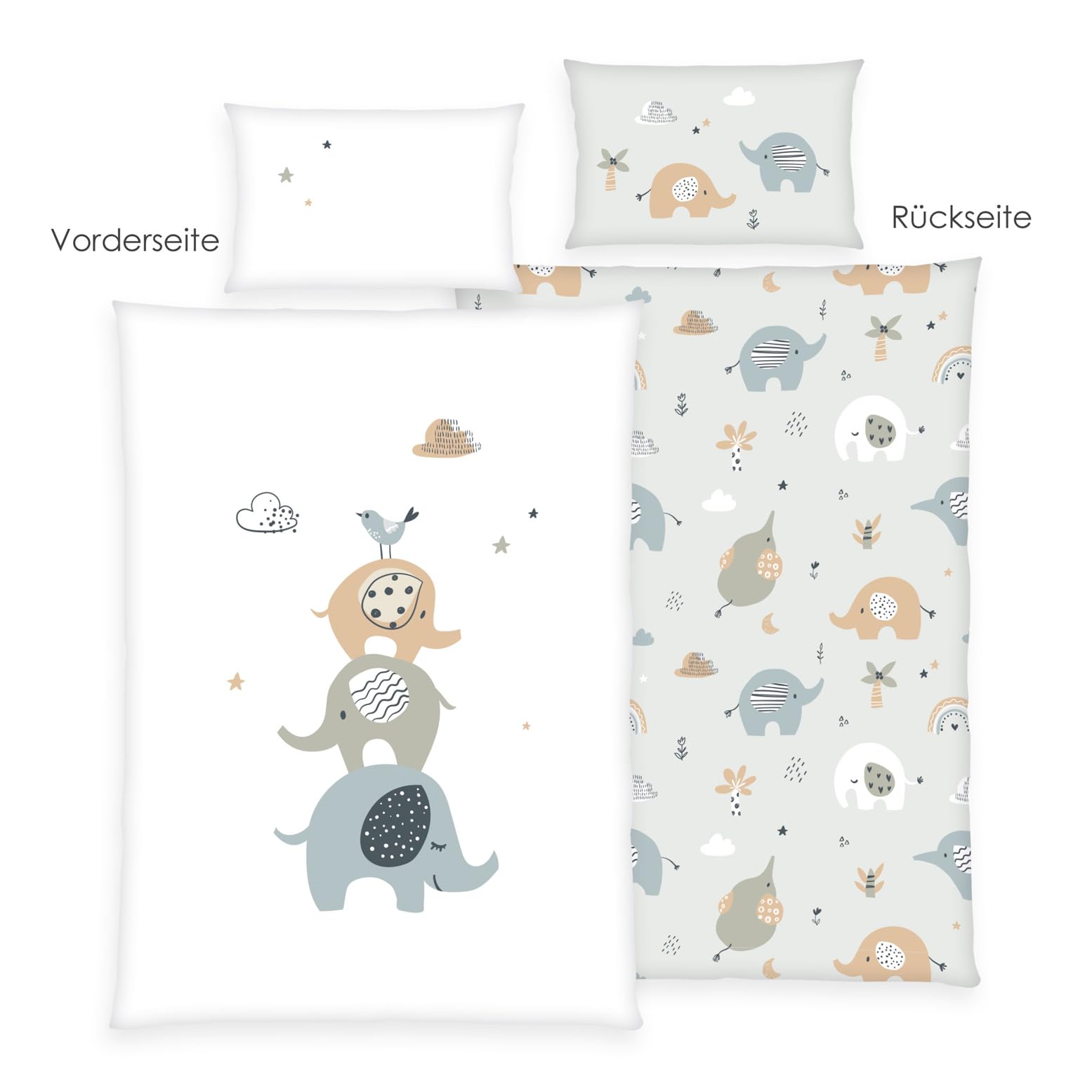 Herding babybest Parure de Lit Éléphants, Taie d'Oreiller 40 x 60 cm avec motif réversible, Housse de Couette 100 x 135 cm, avec Fermeture éclair, 100% Coton/Renforcé