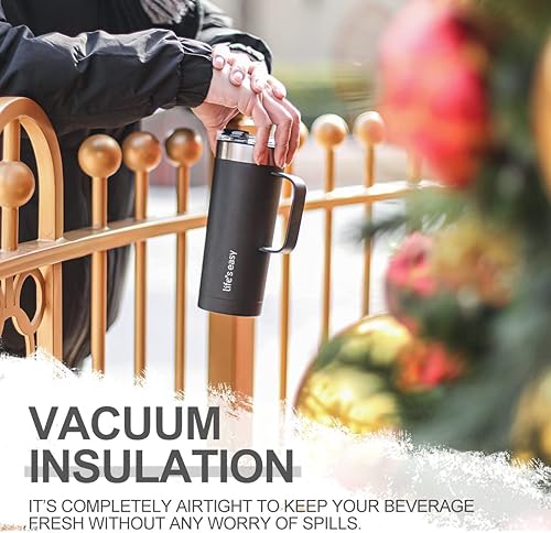 Miniatura 10 de Life's Easy Taza de acero inoxidable de 12 onzas con asa, vaso de viaje aislado de doble pared con tapa abatible, taza térmica para café, agua,