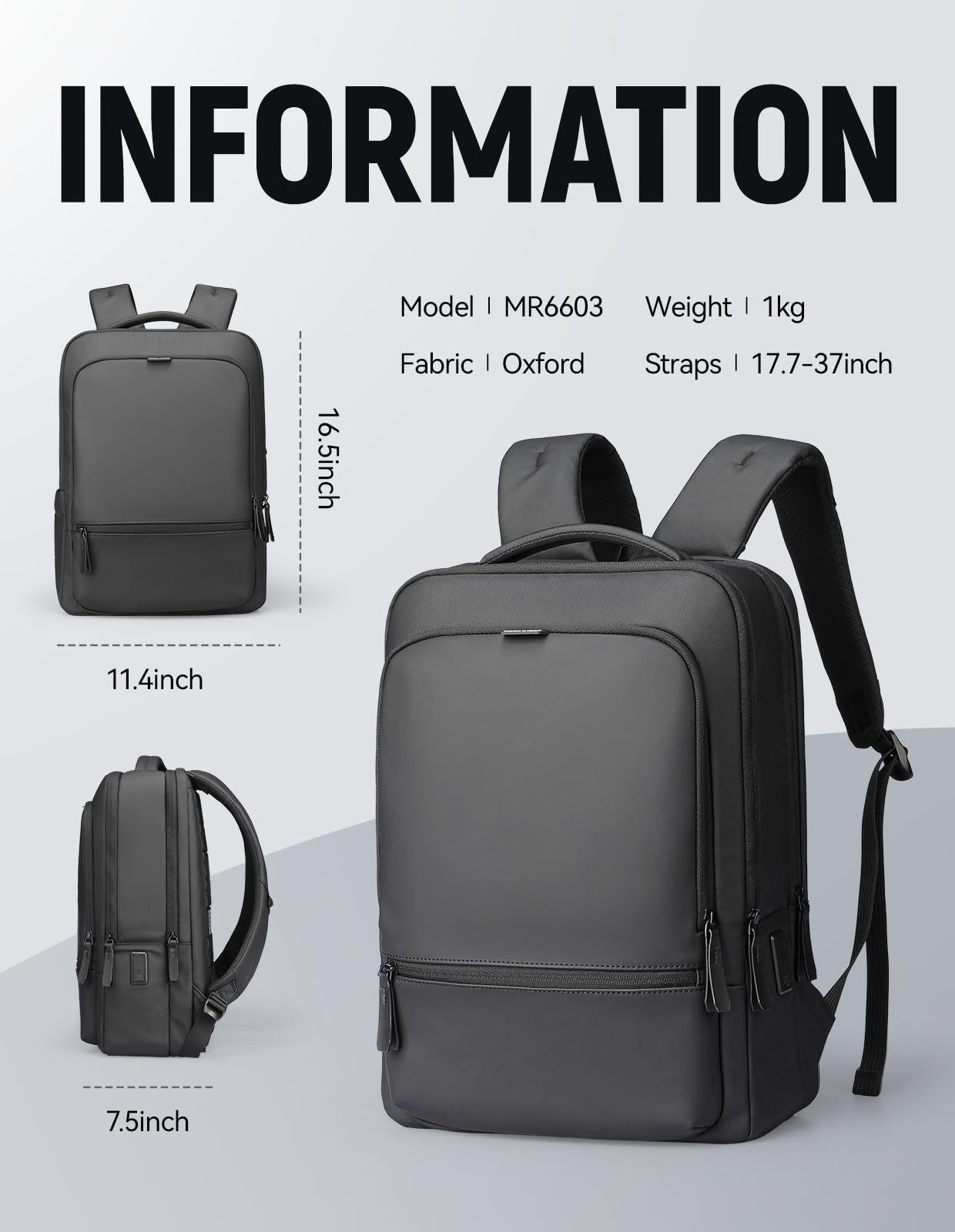 MARK RYDEN 20L plecak biznesowy męski, wodoodporny plecak PU dla dojazdu do pracy, pasujący do laptopa 15", wielofunkcyjny plecak miejski męski z przyłączem USB-C – czarny