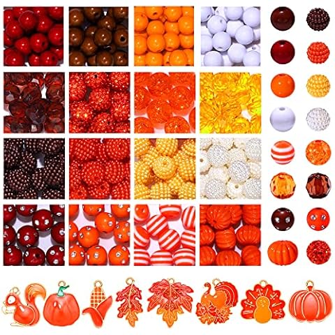 YAHPERN 258PCS Fall Beads Charms for Jewelry Making, Enamel Thanksgiving Pumpkin Turkey Maple Leaf Charms Assorted Orange Brown Acrylic Crystal Beads for Bracelet Necklace Making DIY Crafts Cover