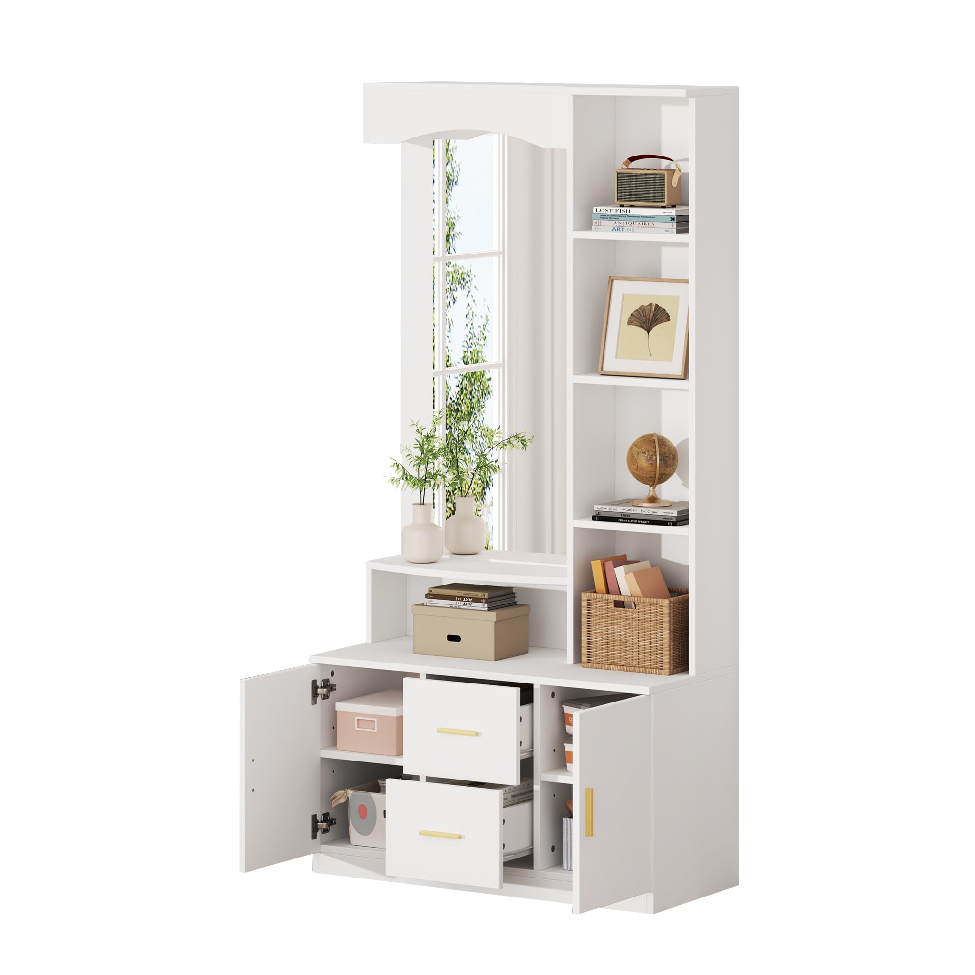Juego de Perchero 90x40x180 cm Conjunto de Perchero Entrada Recibidor con Espejo y Estante, Perchero de Pasillo con 2 Cajones y Almacenamiento, Mueble de Entrada Multifuncional, Blanco