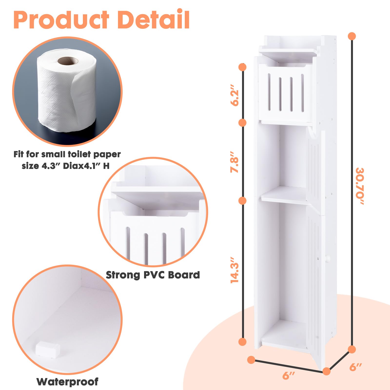 ShellKingdom Soporte para papel higiénico, gabinete de almacenamiento de baño con puertas y estantes, gabinete de almacenamiento delgado para baño, espacios pequeños, organizador de estante esquinero,