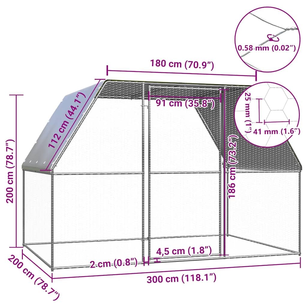 Jaula para pollos de acero galvanizado plateado y gris, 3 x 2 x 2 m, con techo impermeable y puerta con cerradura, ideal como recinto para animales pequeños para conejos, cobayas y roedores