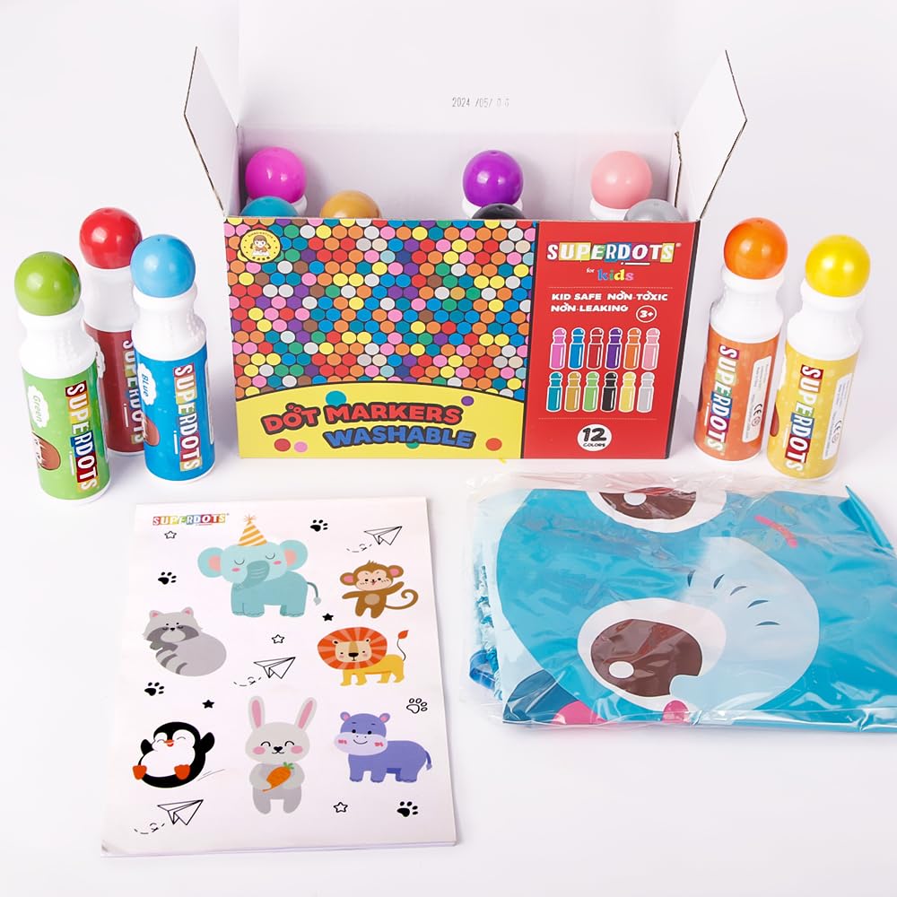 Kit Rotuladores por puntos, Rotuladores lavables y no tóxicos, 12 Colores de 60ml con tinta a base de agua, para niños a partir de 3 años.