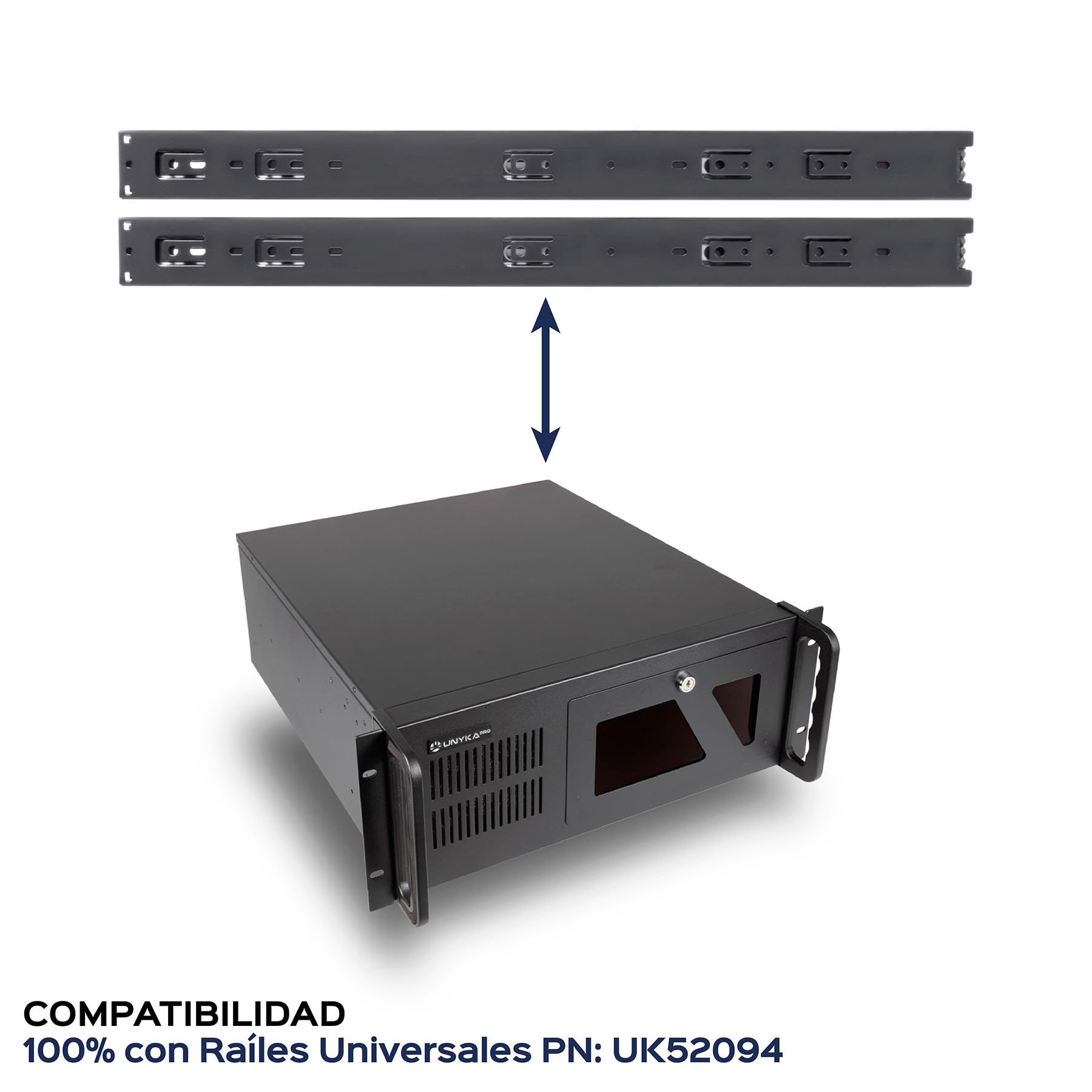 UNYKAch Gehäuse Server UK4229 EVO Format 4U 19" ATX | Boden 480 mm, 3 Einschübe von 5,25 Zoll, 7 3,5-Zoll-Schächte, 2 USB 3.0, 1 Lüfter 120 mm und 2 x 80 mm