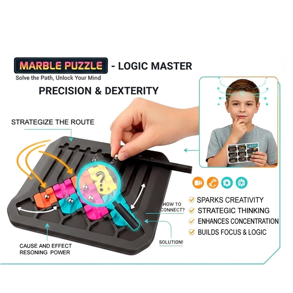 GaxQuly Brain Training Puzzle Marble Circuit Logic Game for 1 Player Great Gift for Kids who Like Puzzles & Brain teasers 64 Card Challenges & 24pcs Fun for Kids & Adults (Marble Puzzle) 1