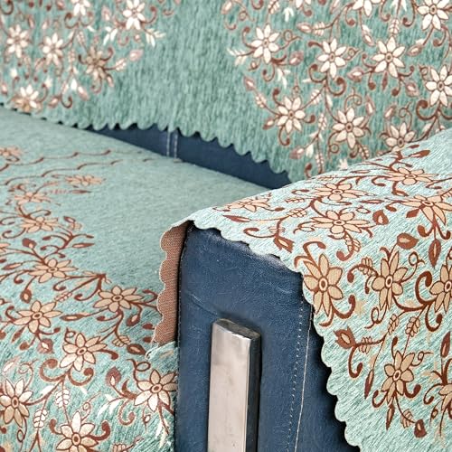 Image of Premium Chenille Woven Anti-Slip 3 Seater + 2 Seater Sofa Cover with Arm Rest | L-Shape Sofa Seat Protector for Living Room | Durable & Stylish Slipcover - Teal Phoolkari
