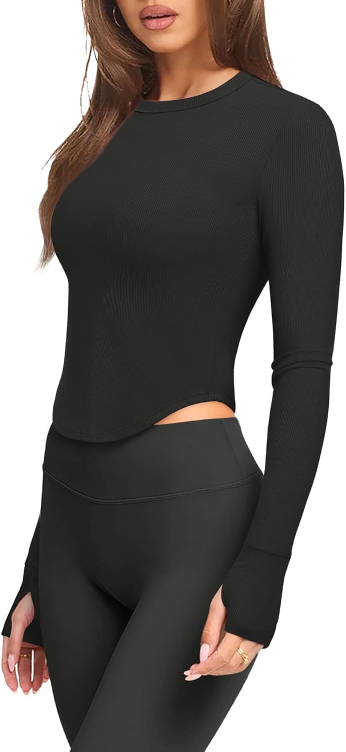 LASLULU Womens Long Sleeve Workout Tops Crop Tops Crew Neck Ribbed Slim Fitted Breathable Running Yoga Going Out T-Shirts - Image 2