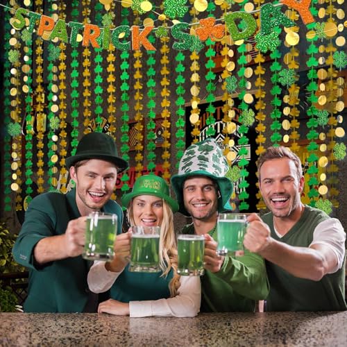 Image of St Patricks Day Decorations Shamrock Foil Fringe Curtains Green Shamrock Garland Clover Tinsel Curtain Photo Booth Prop St Paddy's Day Garland Hanging Streamers Backdrop for Irish Party Decor