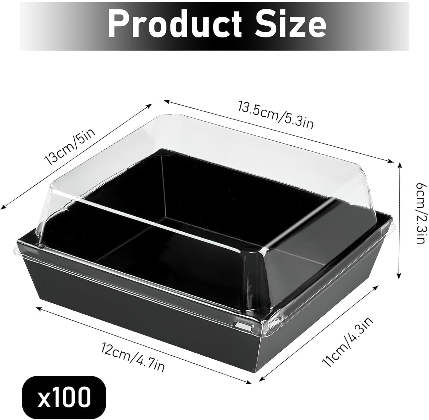 100 scatole nere per salumi, contenitori quadrati in carta con coperchi trasparenti, piccole scatole usa e getta per pasticceria e dessert, panini, biscotti e deserto (12 x 11 x 6 cm)