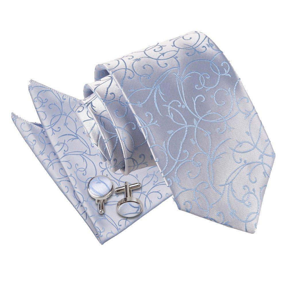 Dqt Men's Baby Blue Swirl Floral Jacquard Tie, Pocket Square & Cufflinks Set (3Pc) - Wedding, Business & Formal