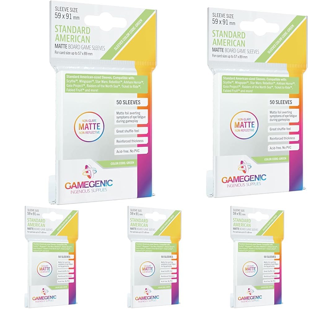 Asmodee - Gamegenic - Prime Sleeves - 50 protège-Cartes - Transparent - Aspect Mat - Standard Américain 59x91mm - Color Code : Green - Jeu de société - Accessoire GG1066 (Lot de 5)