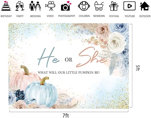 Miniatura 6 de Lofaris Telón de fondo de calabaza con texto en inglés "He or She", color azul o rosa, para baby shower, otoño, con texto en inglés "What Will Our