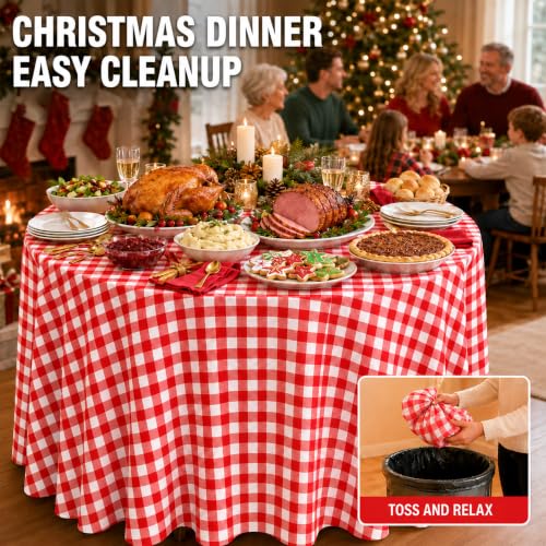 Image of WNINK 4 Pack Red Gingham Round Tablecloth, 84 Inch Disposable Plastic Table Covers, Red Checkered Round Table Cover for Birthday Parties, Holiday, Picnic, BBQ, Family Gathering Party Supplies