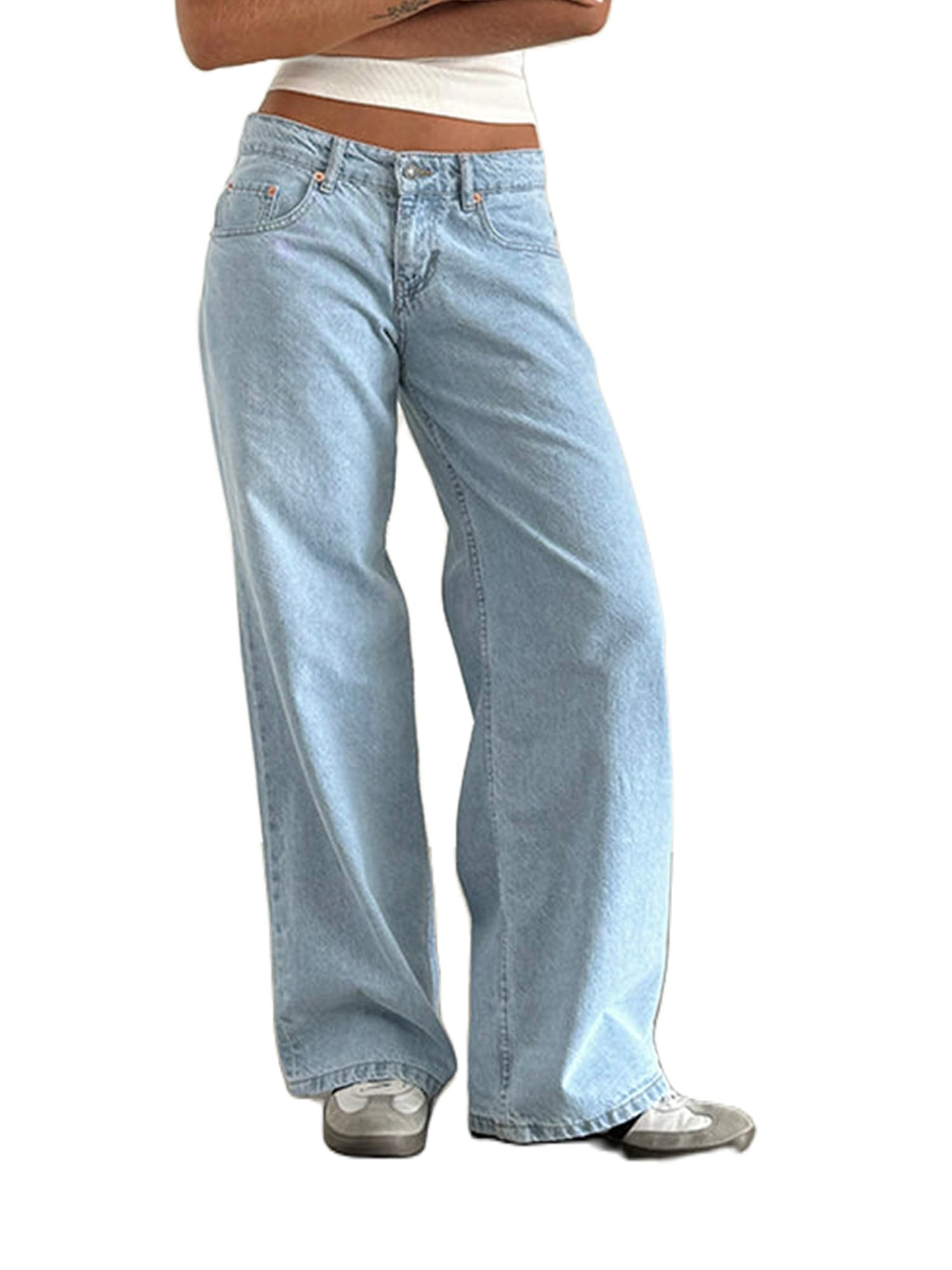 Y2K Damen Jeans mit niedriger Leibhöhe, gerades Bein, Boyfriend-Hose, lockere Passform, Denim-Hos...