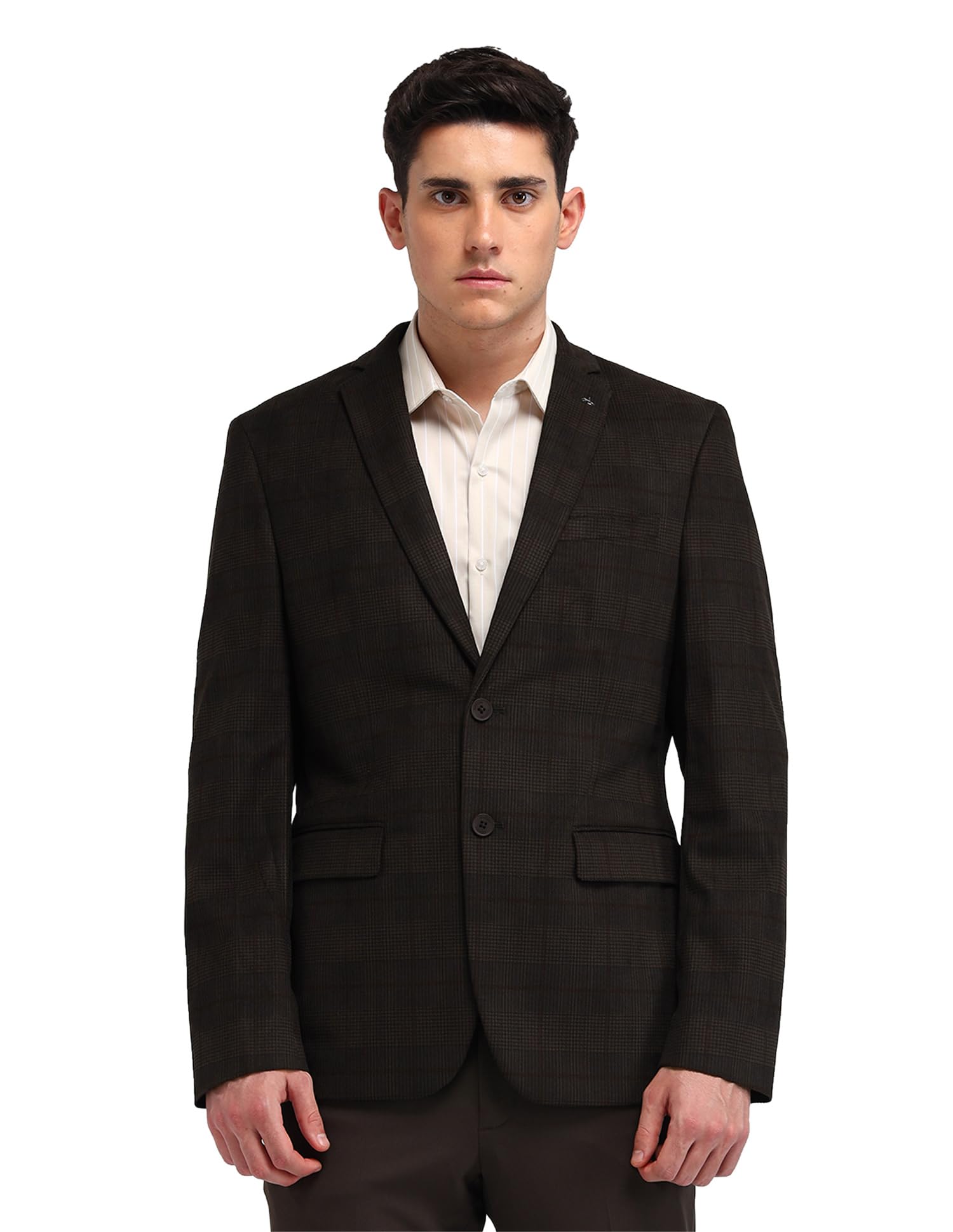 Mens Brown Checkered Notch Collar Long Sleeve Formal Polyester Slim Fit Blazer-image-35