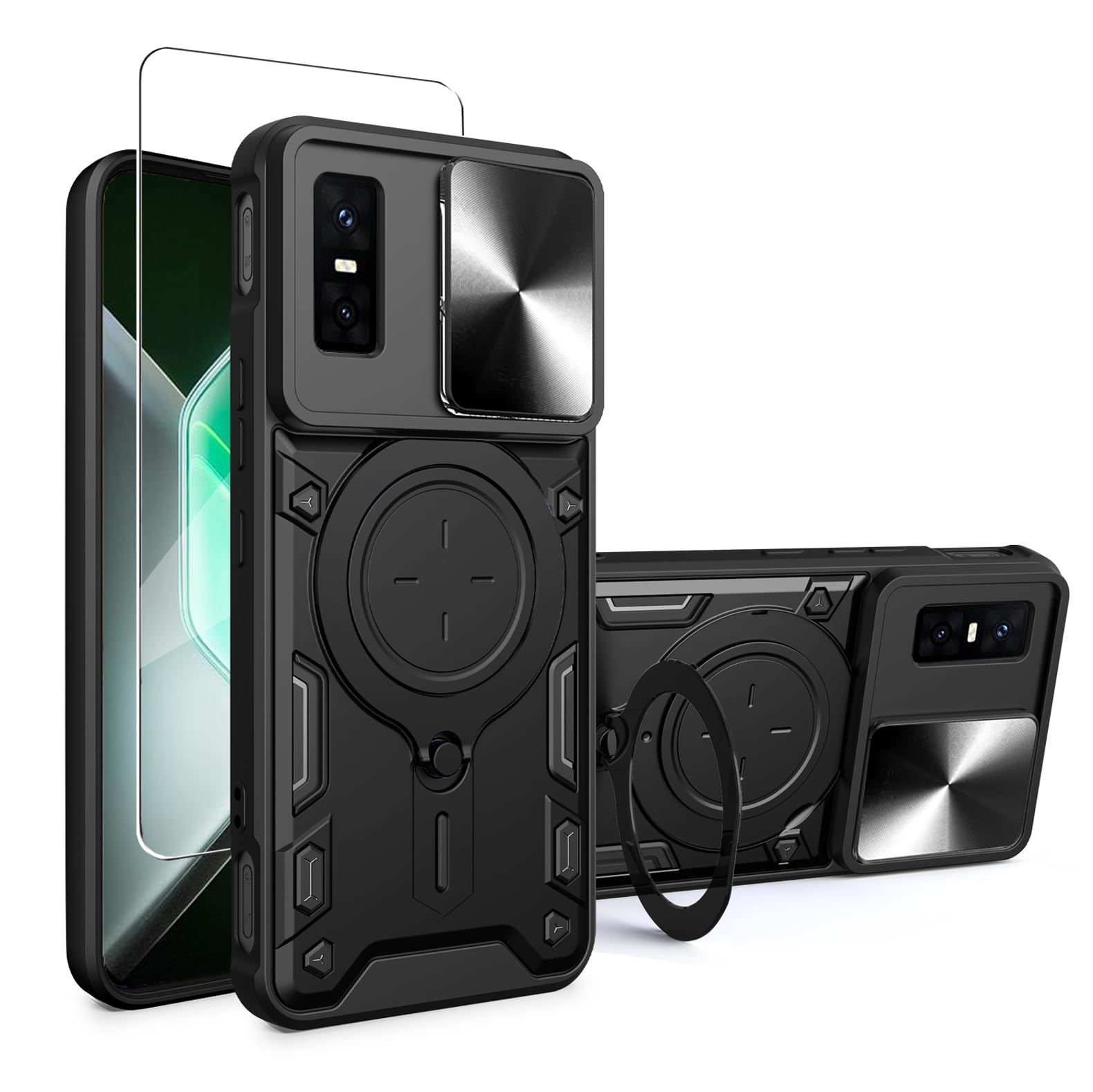 Phone Case for Infinix GT 30 Pro 5G Case with Glass Screen Protector, Built Slide Camera Protection Cover,Military Heavy Duty Full Body Protective Phone Case - Black