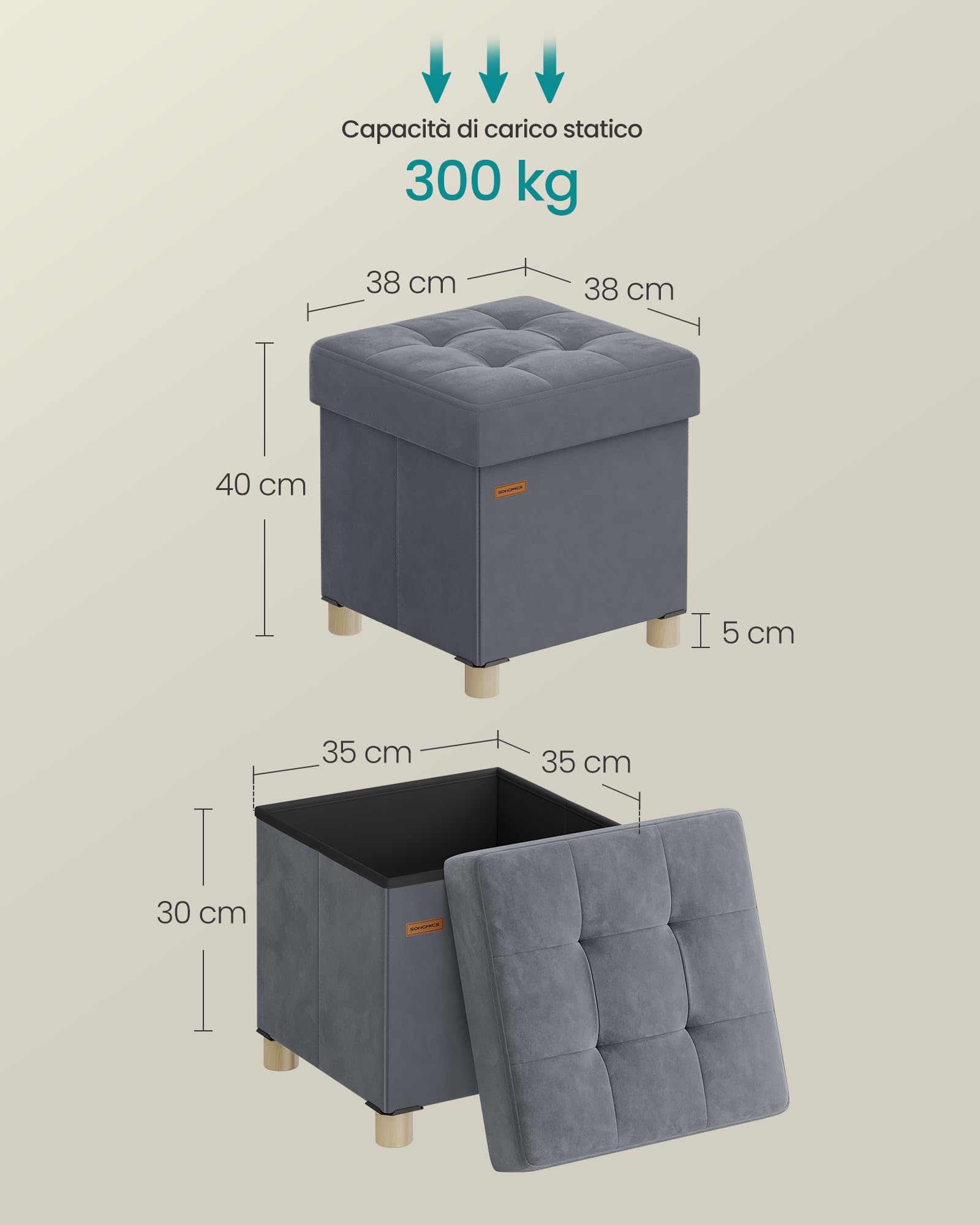 SONGMICS Pouf Contenitore, Cassapanca Pieghevole, 38 x 38 x 40 cm, Sgabello Poggiapiedi, 37 L, Superficie in Velluto, per Camera da Letto Soggiorno, Grigio Ardesia LSF0516G01
