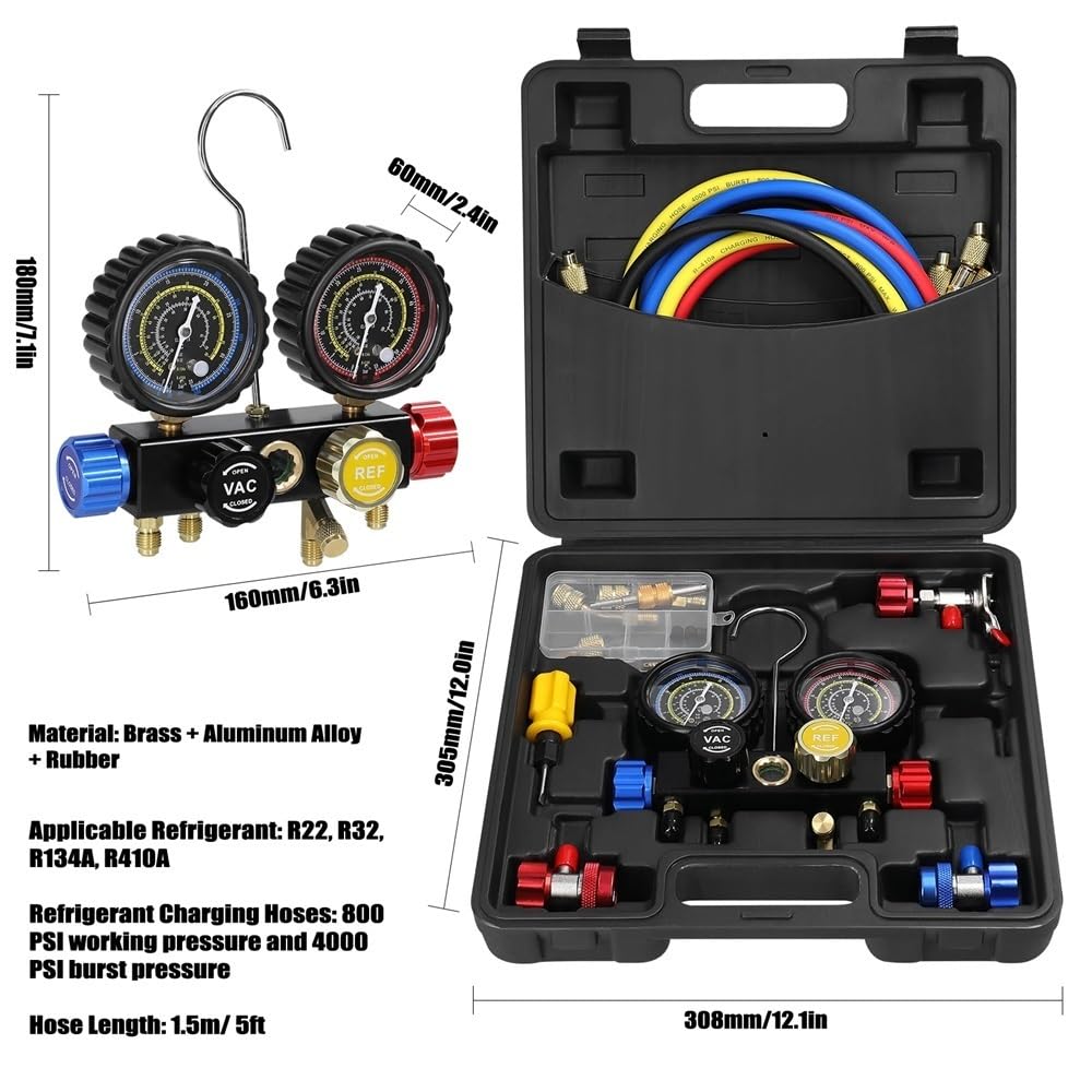 Set manometro for aria condizionata Strumento di ricarica del refrigerante a 4 vie Manometro a doppio valore adatto for refrigerante R22/R134a/R410a