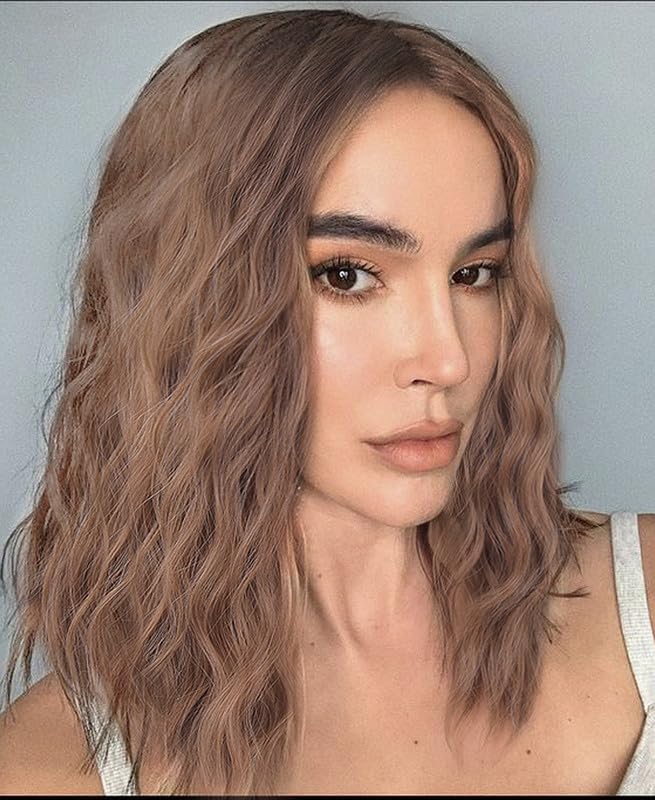 VEBONNY Brown Curly Lace Front Wigs for Women Synthetic Hair Ombre Brown Wig Middle Part Short Curly Ombre Wigs 12 inch VEBONNY-049-12-NEW