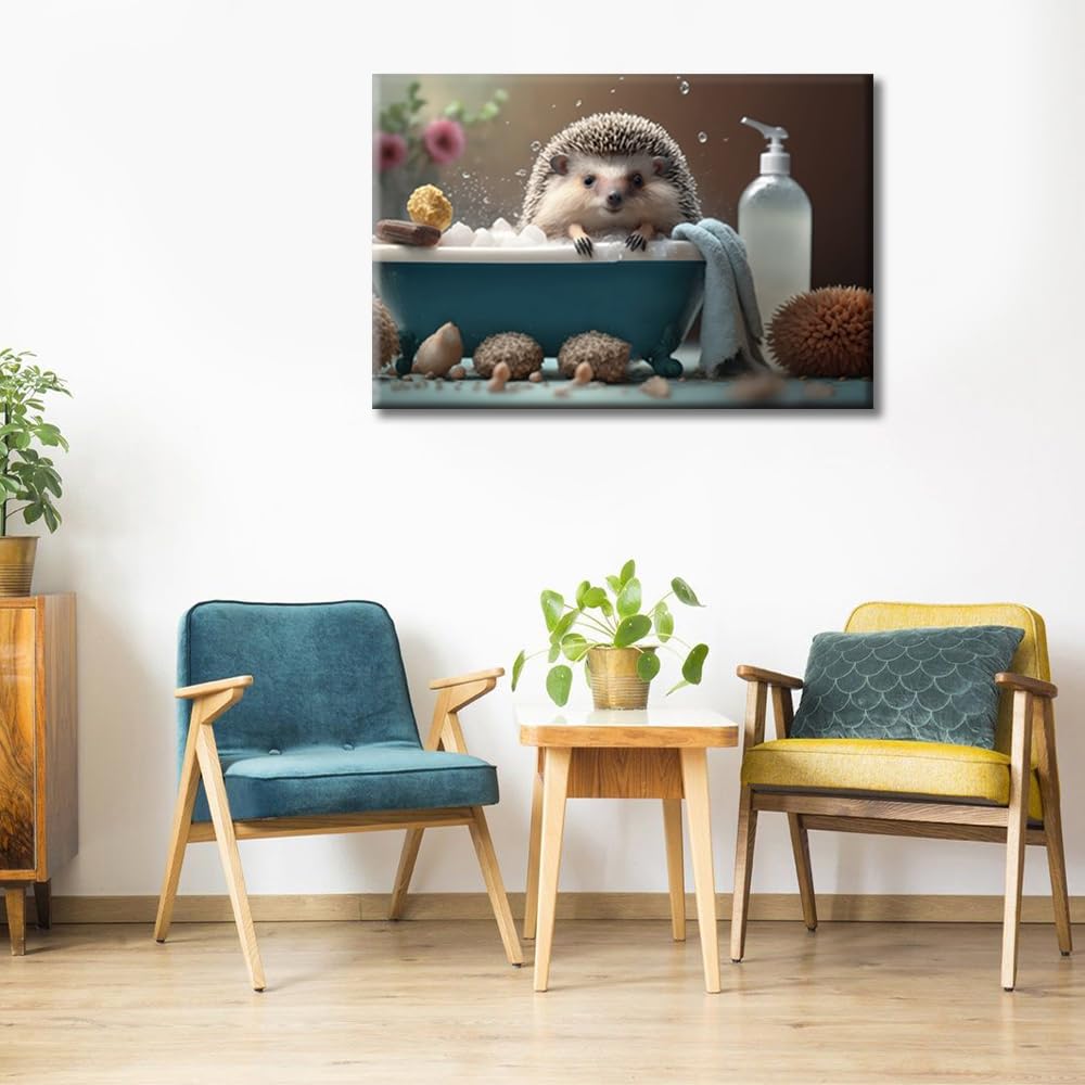 Bathtub Animal Canvas Paintings Bedroom Canvas Wall Art Hedgehog Took a Bath in the Bathtub Wall Art for Bathroom Boho Canvas Pictures Artwork Posters & Prints Framed Ready to Hang (16"Wx24"H) - Image 4