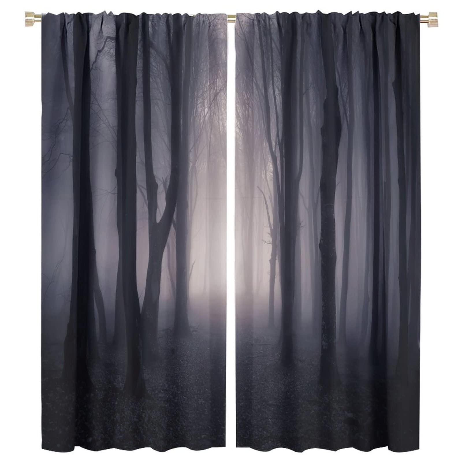 Misty Forest Window Curtains,Trees Heavy Foggy Nature Landscape Abstract Gothic Dark Gray Art Room Darkening Thermal Insulated Window Curtain 2 Panels for Living Room Bedroom Decor W55xL63in
