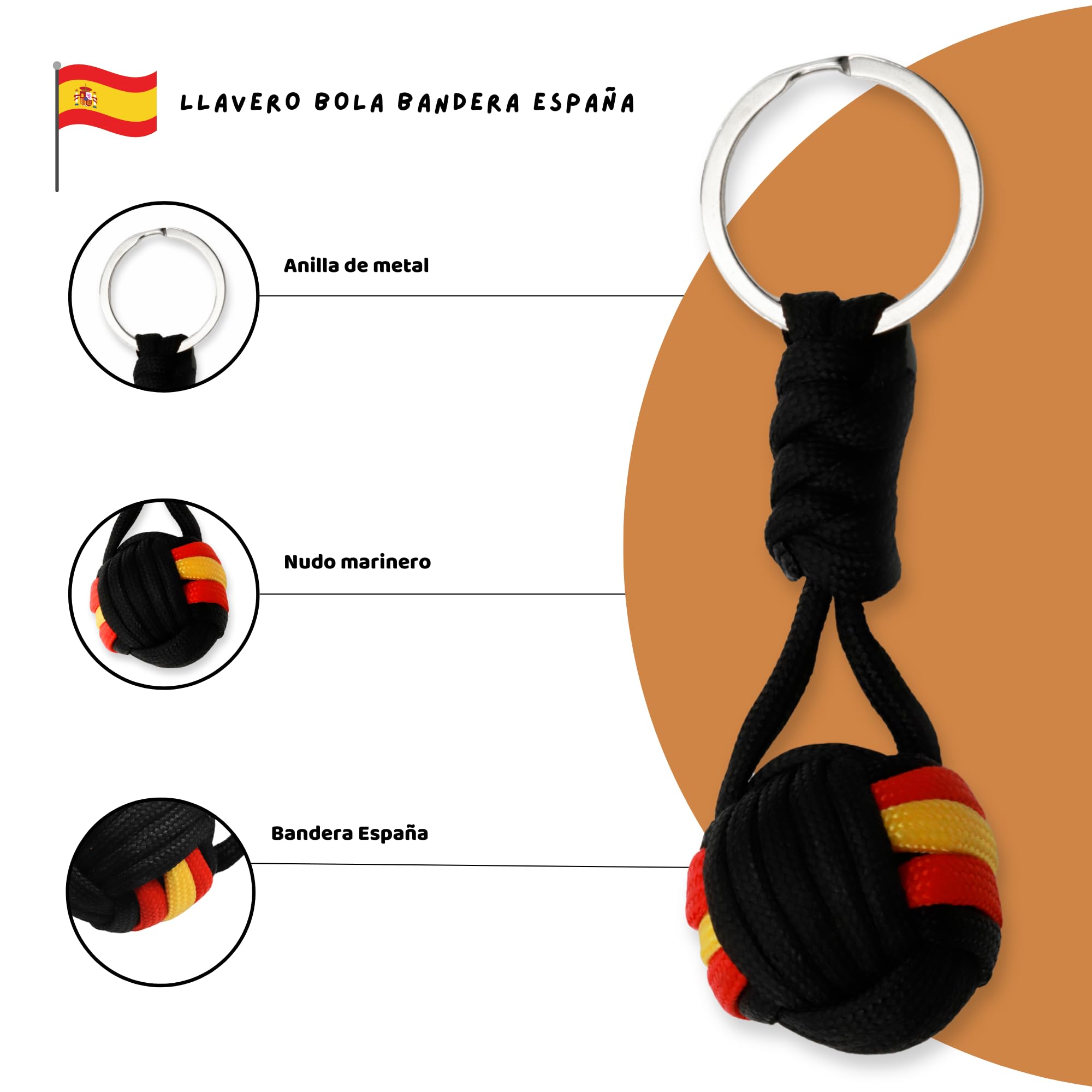 Llavero bola de cuerda bandera España, Llavero patriótico, 1 Unidad, Negro - imagen 3