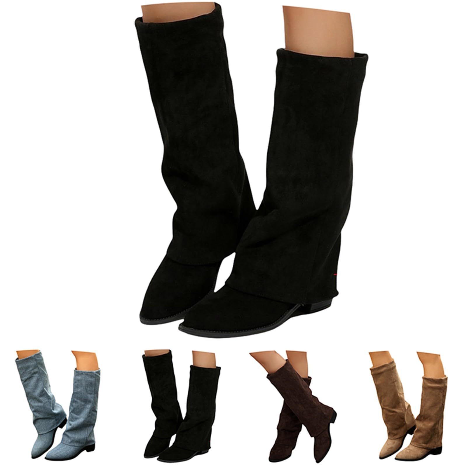 Bottes hautes pliables pour femme - Bottines pour femme avec talon - Bottes à enfiler - Talon bloc - Bottes hautes - Bout pointu - Bottes longues élégantes et confortables - Bottes de cowboy pour