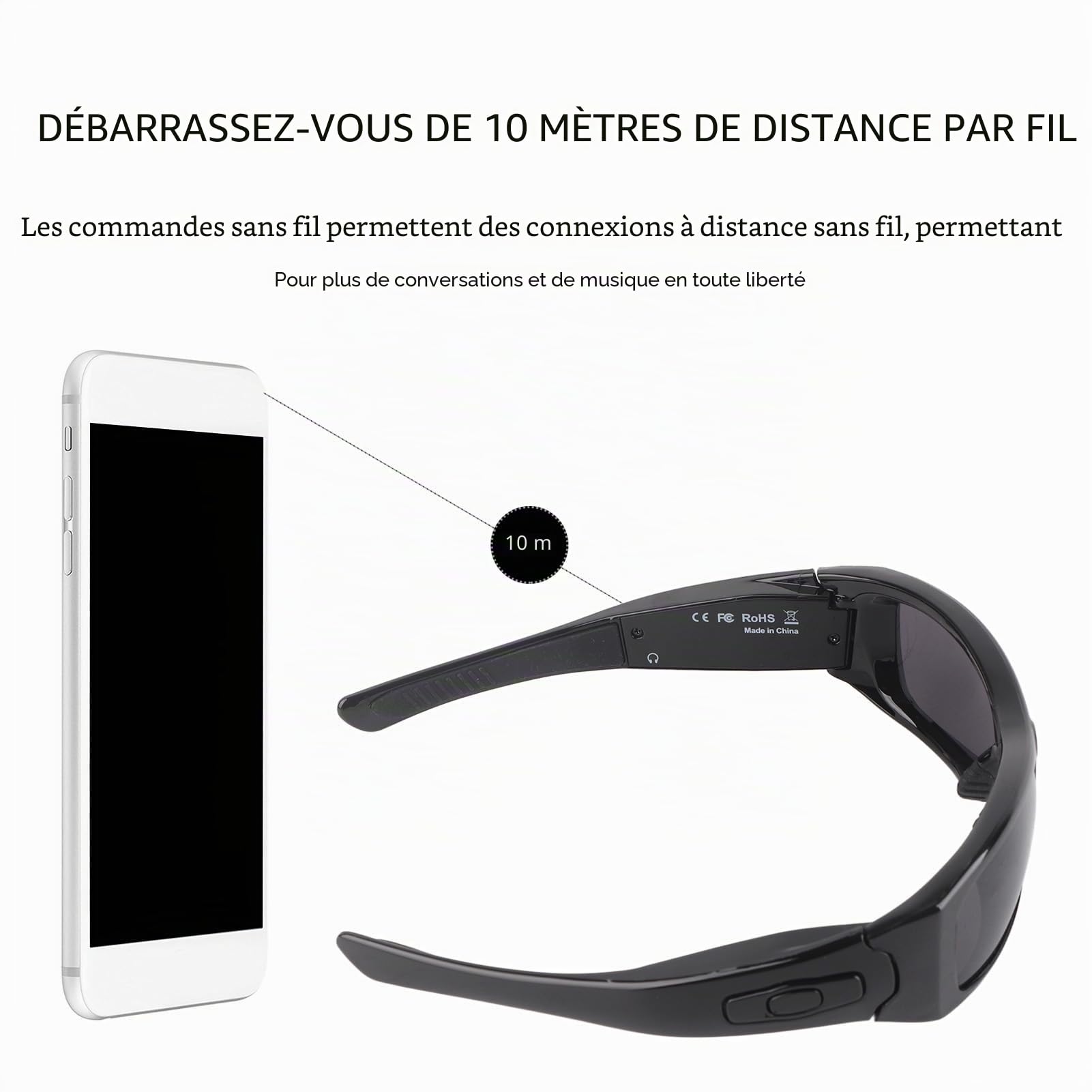 Tonysa Lunettes de soleil intelligentes, écouteurs avec appareil photo, verres polarisés 1080p, mains libres, connectées à l'ordinateur, fonction OTG, pour la conduite et les voyages
