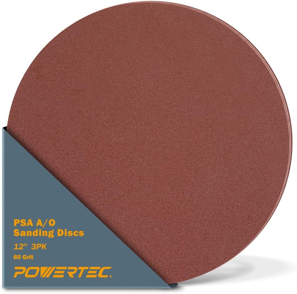 POWERTEC 110383 12-Inch PSA 60 Grit Aluminum Oxide Adhesive Sanding Disc, 3-Pack - Hook And Loop Discs - 