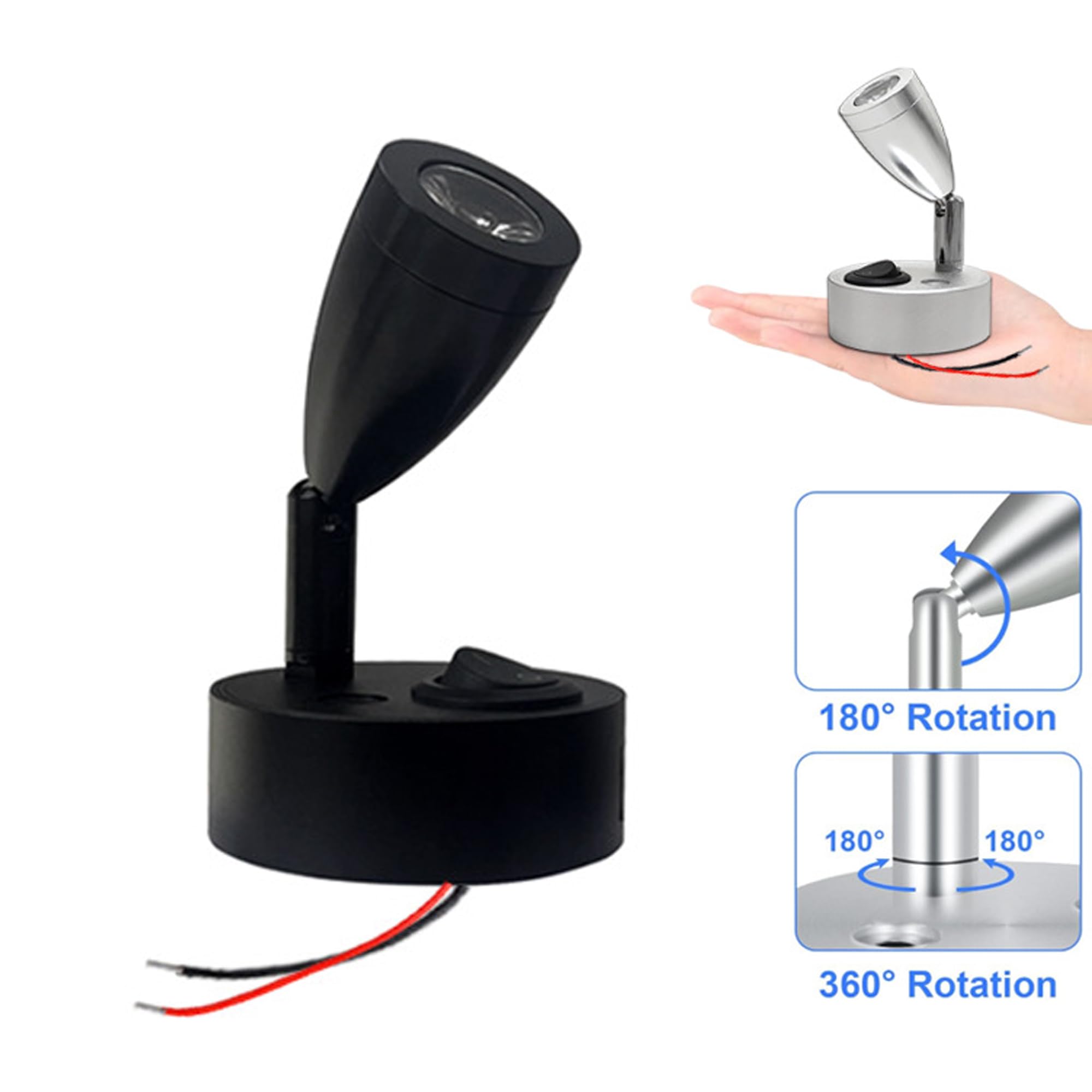 Yestree RV Interior Lights 12V LED Bedside Reading Light Wall Mount Spot Lights with Switch Up Down 180° Rotatable Left Right 360° Rotatable 3W Warm Yellow Lighting DC12-24V Black Finished 2Pcs