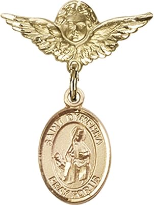 14kt Yellow Gold Baby Badge with St. Dymphna Charm and Angel w/Wings Badge Pin 1 X 3/4 inches