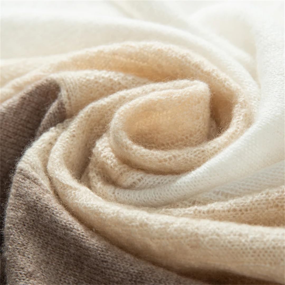 Chal de Cachemira de Invierno para Mujer, Tejido de Punto con Estampado de Rayas Jacquard y Patchwork, Suave y cálido (Beige, Talla única)