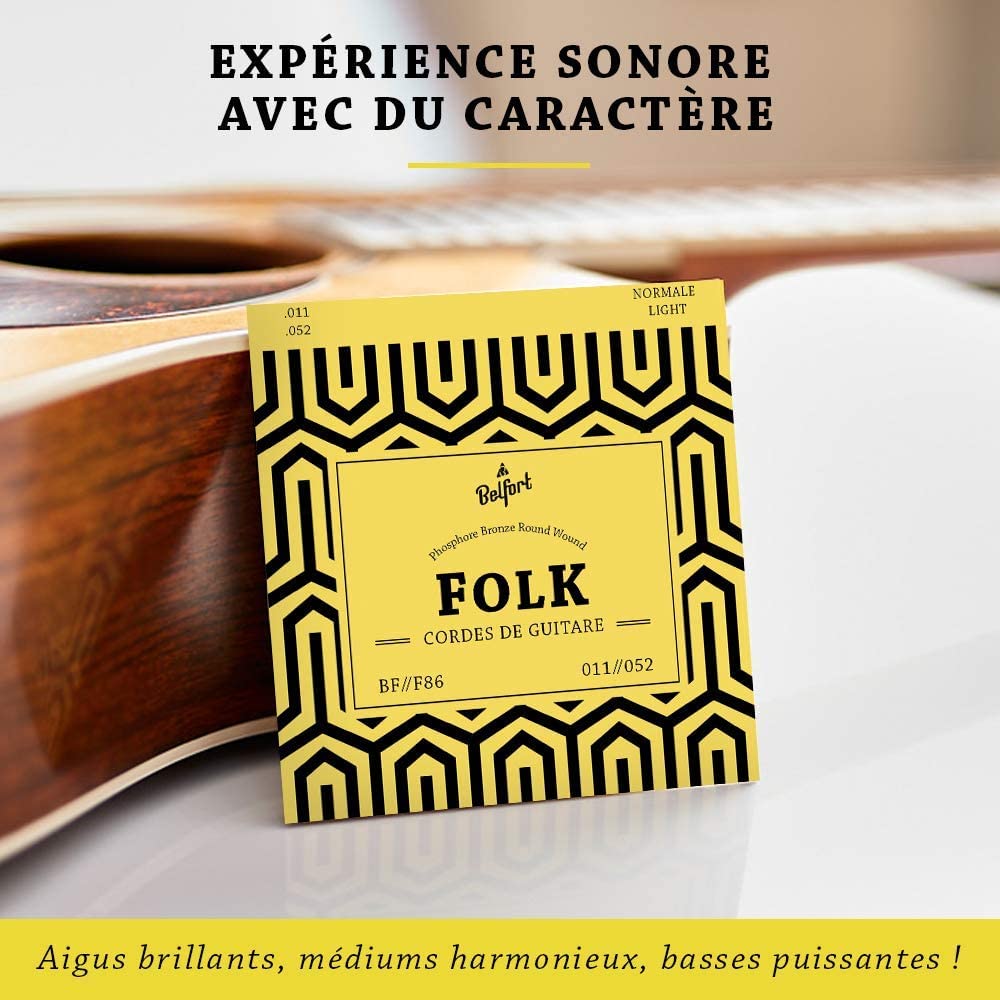 BELFORT® Cordes VAINQUEUR DE TEST 2019 - Pour guitare folk & acoustique - BONUS : Ebook gratuit + 4 plectres - en Phosphor Bronze (lot de 6) (1 jeu – 6 cordes + 1E sup. (.011/.052))