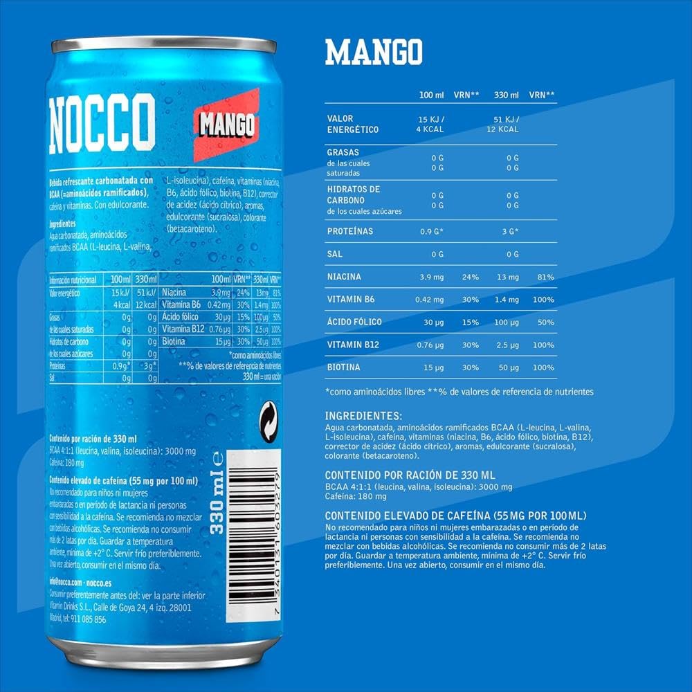 NOCCO BCAA - Bebida Energética con 180mg Cafeína, 3000 mg BCAA, Sin Azúcar, Sin Carbohidratos, Enriquecida con Vitaminas - 24 x 330ml inkl. Pfand (Mix Sabores)