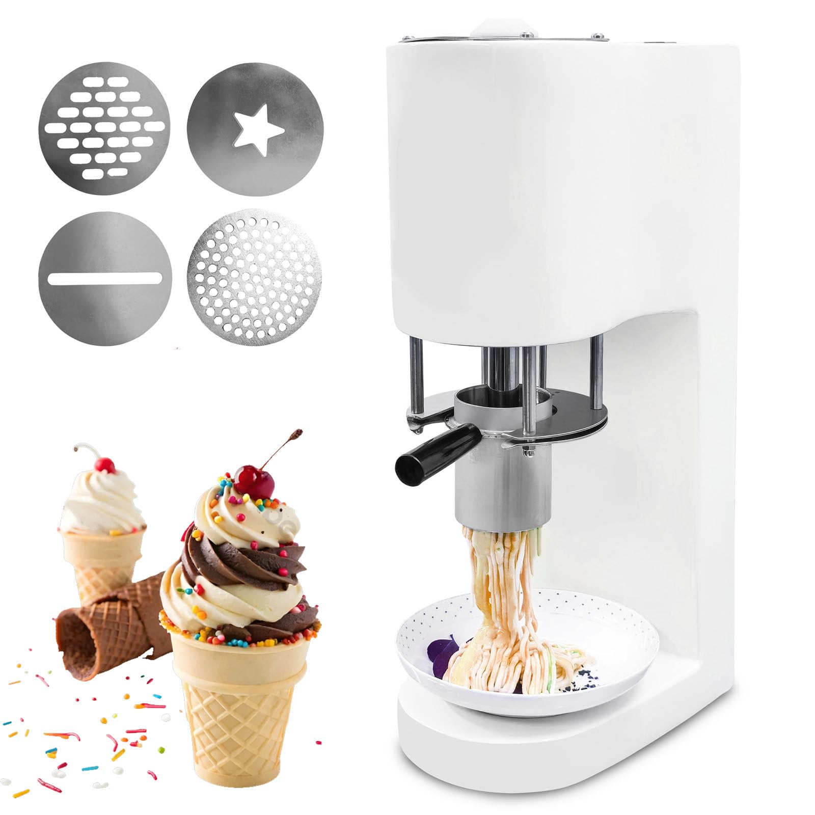 Eismaschine für Gewerbe & Haushalt - 4 Austauschbare Formen, Leicht zu Reinigen, Kompakt & Tragbar, 80W Elektrische Gelato-Presse für Spaghetti- und Wirbel-Desserts White